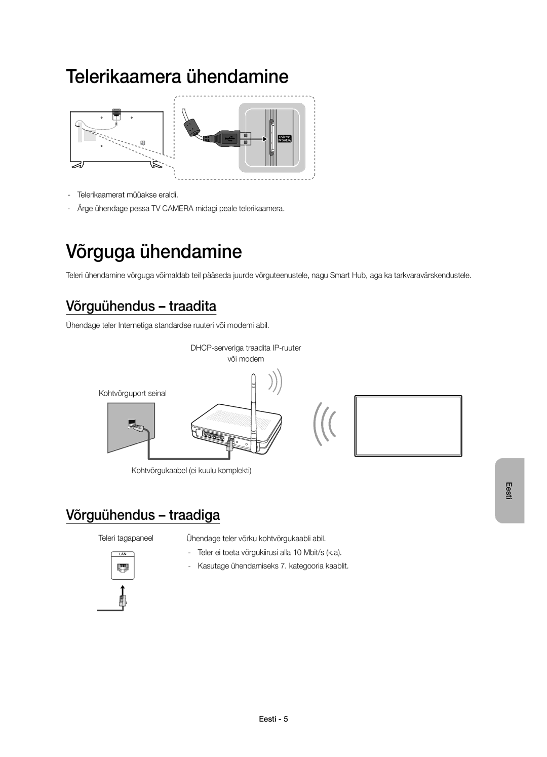 Samsung UE65JU6000WXXH manual Telerikaamera ühendamine, Võrguga ühendamine, Võrguühendus traadita, Võrguühendus traadiga 