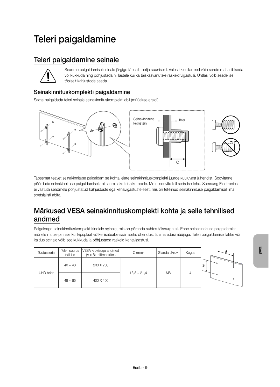 Samsung UE40JU6072UXXH, UE40JU6000WXXH, UE55JU6000WXXH Teleri paigaldamine seinale, Seinakinnituskomplekti paigaldamine 