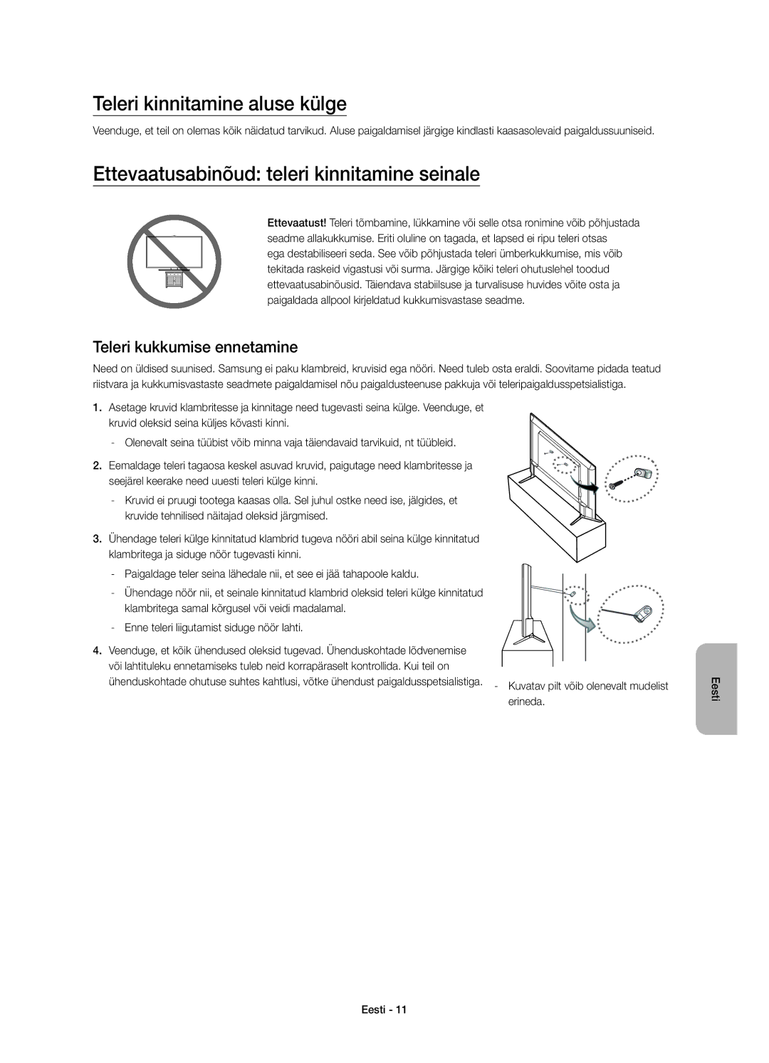 Samsung UE55JU6000WXXN manual Teleri kinnitamine aluse külge, Ettevaatusabinõud teleri kinnitamine seinale, Erineda 