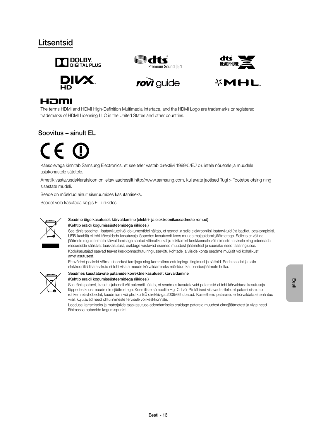 Samsung UE65JU6000WXXN, UE40JU6000WXXH, UE55JU6000WXXH, UE48JU6000WXXH, UE65JU6000WXXH manual Litsentsid, Soovitus ainult EL 