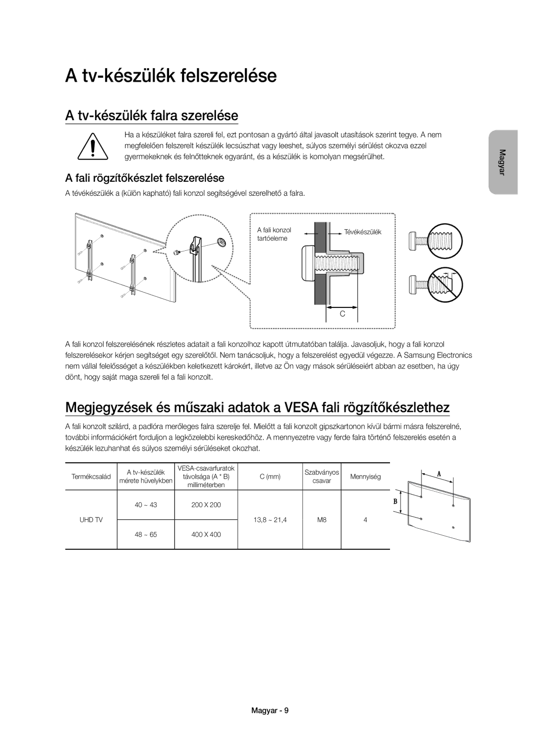 Samsung UE60JU6000WXXH manual Tv-készülék felszerelése, Tv-készülék falra szerelése, Fali rögzítőkészlet felszerelése 