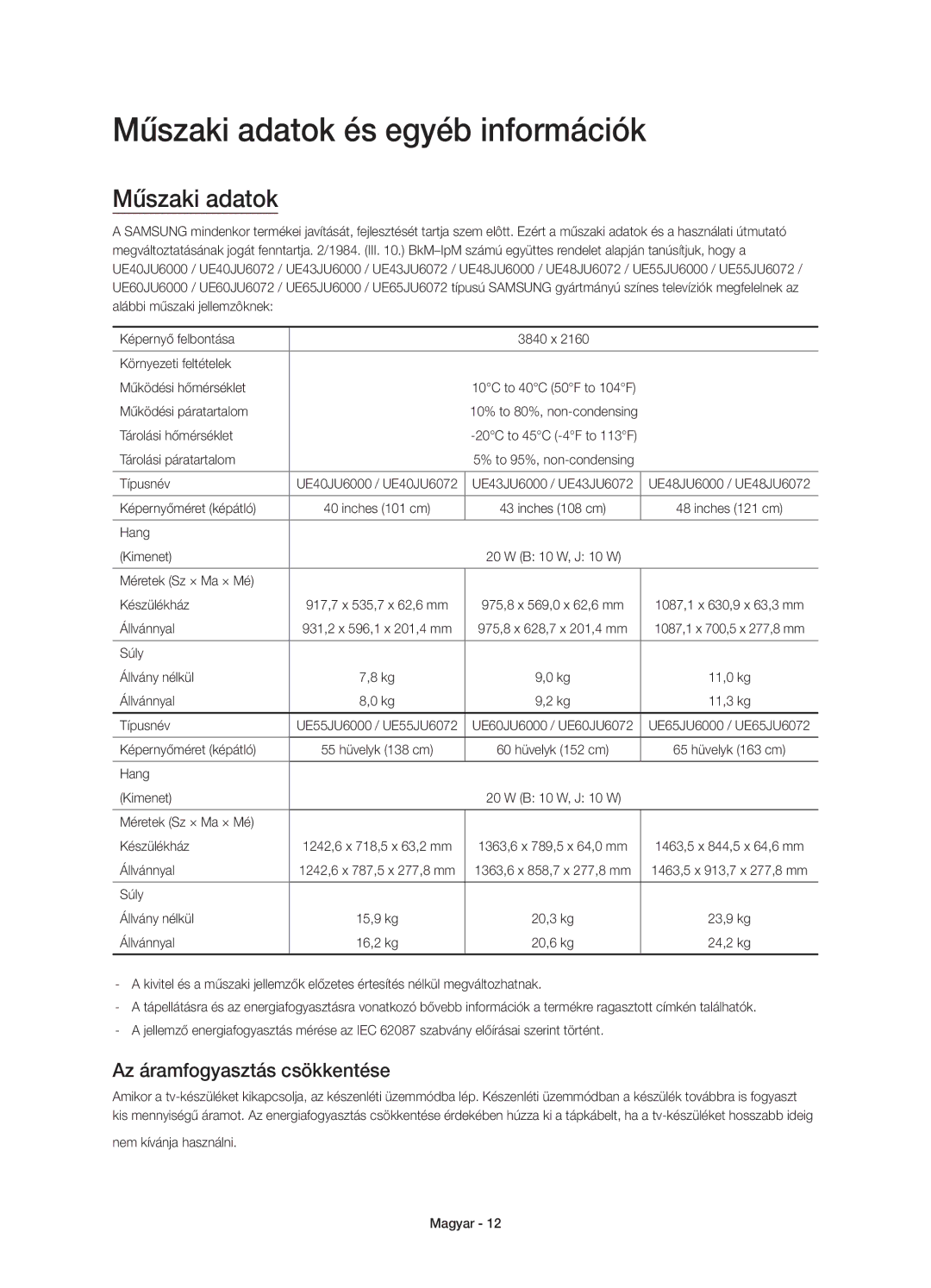 Samsung UE65JU6000WXXN, UE40JU6000WXXH, UE55JU6000WXXH Műszaki adatok és egyéb információk, Az áramfogyasztás csökkentése 