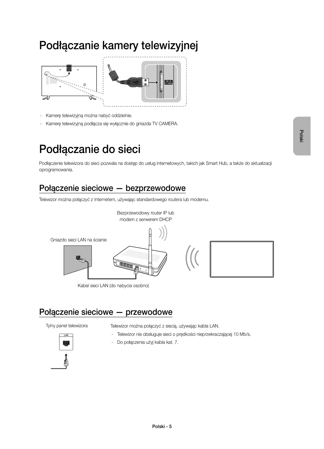 Samsung UE65JU6000WXXH manual Podłączanie kamery telewizyjnej, Podłączanie do sieci, Połączenie sieciowe bezprzewodowe 