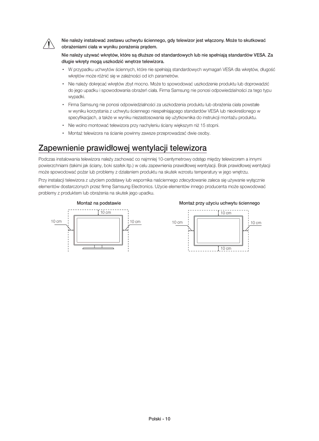 Samsung UE60JU6000WXXH, UE40JU6000WXXH, UE55JU6000WXXH, UE48JU6000WXXH manual Zapewnienie prawidłowej wentylacji telewizora 