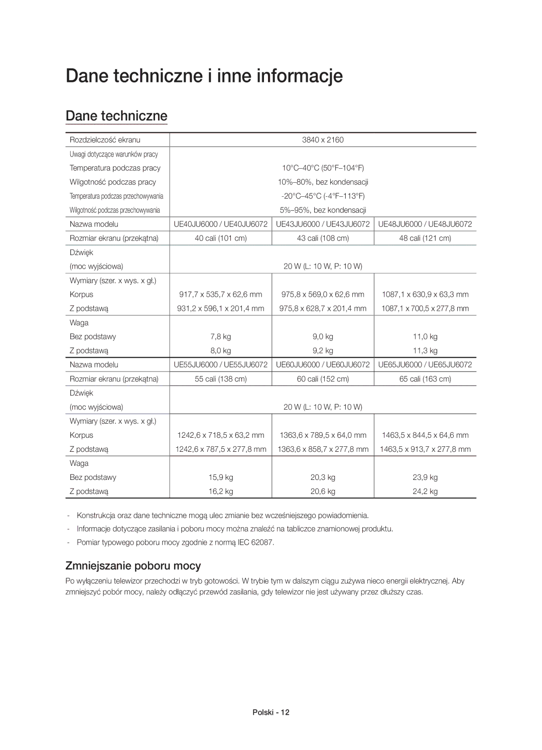 Samsung UE48JU6072UXXH, UE40JU6000WXXH, UE55JU6000WXXH manual Dane techniczne i inne informacje, Zmniejszanie poboru mocy 