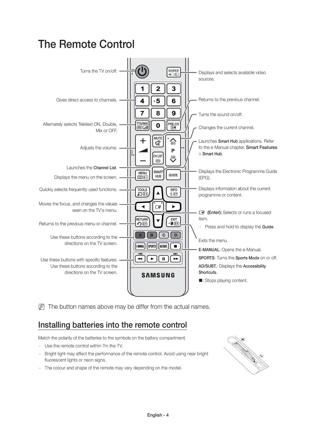 Samsung UE48JU6000WXXN, UE40JU6000WXXH, UE55JU6000WXXH manual Remote Control, Installing batteries into the remote control 