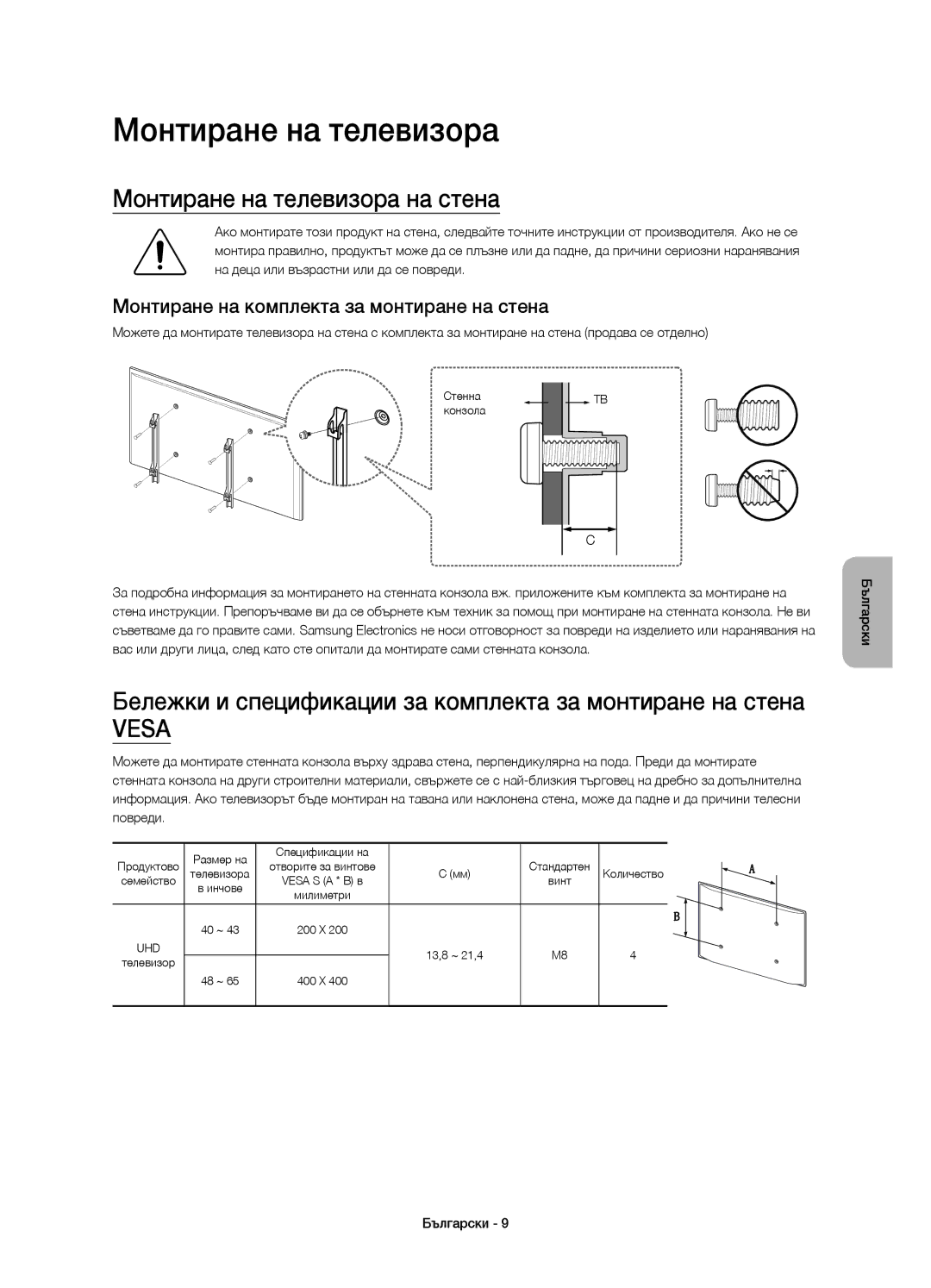 Samsung UE65JU6072UXXH Монтиране на телевизора на стена, Бележки и спецификации за комплекта за монтиране на стена 