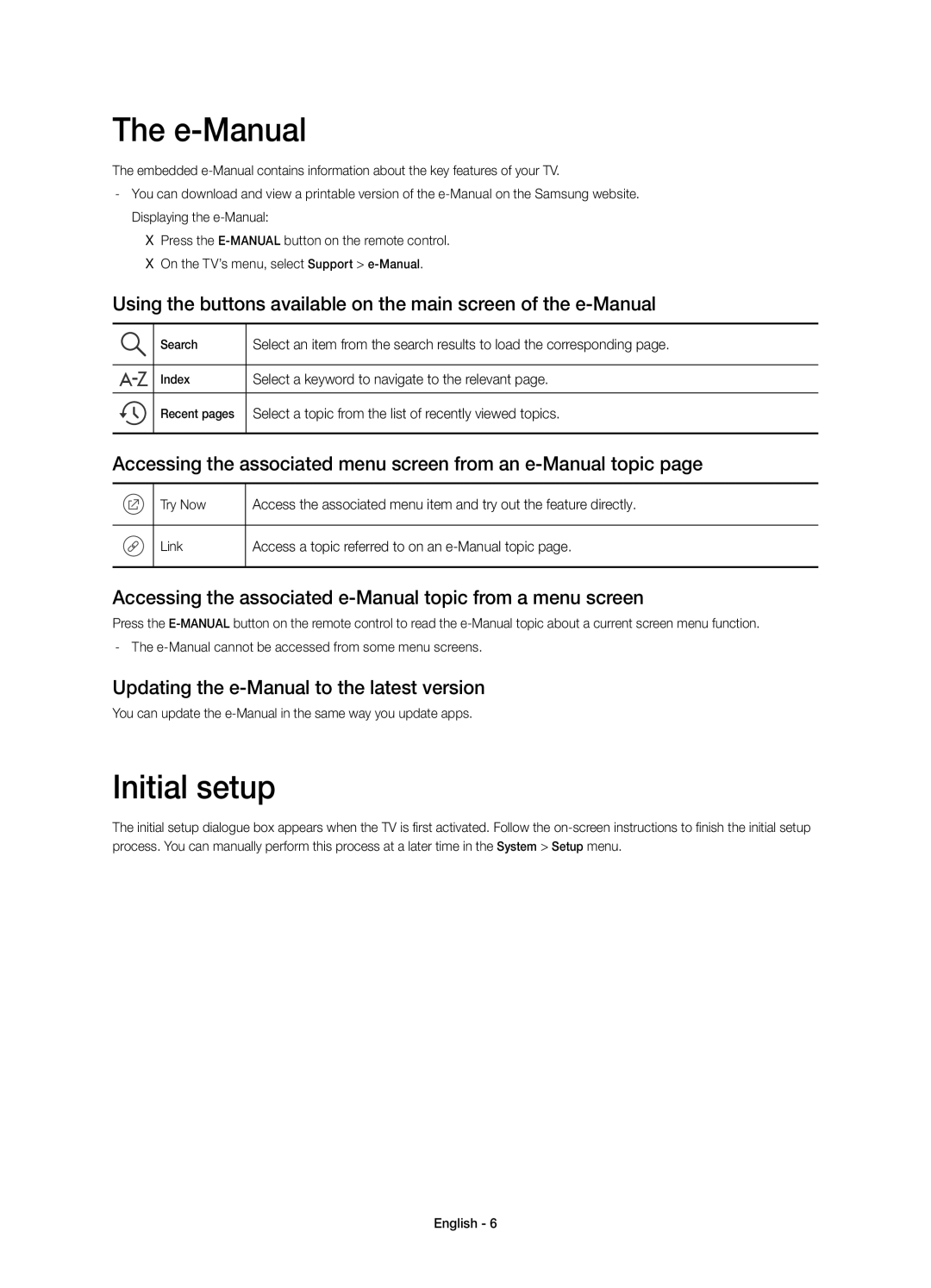 Samsung UE55JU6072UXXH manual E-Manual, Initial setup, Accessing the associated menu screen from an e-Manual topic 