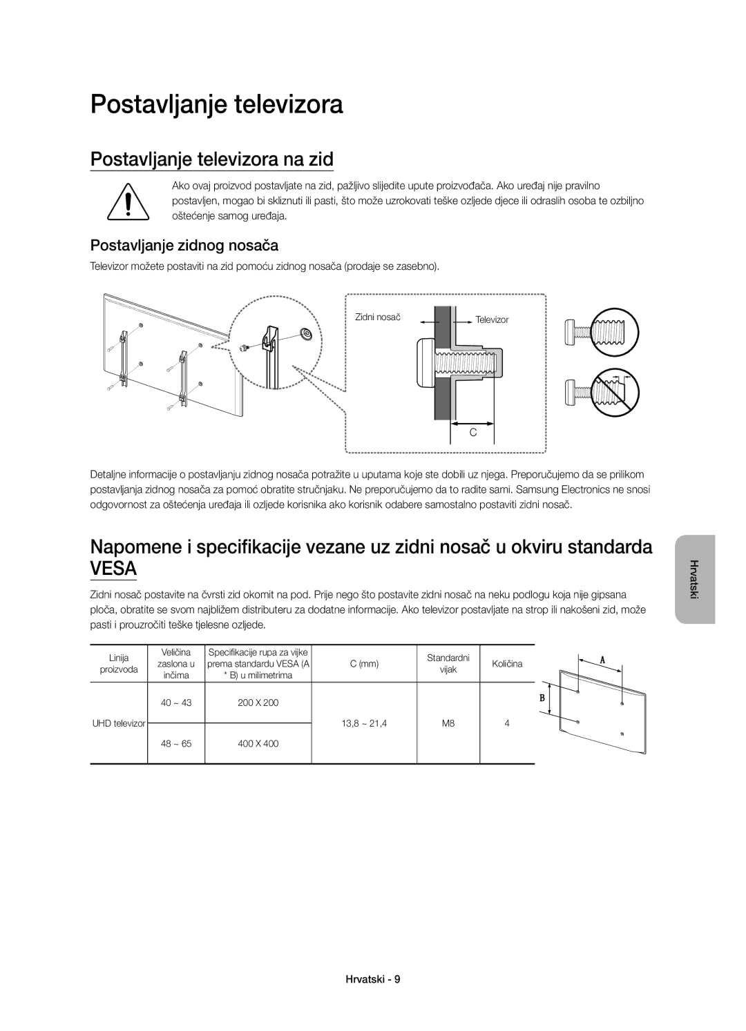 Samsung UE48JU6000WXXN, UE40JU6000WXXH, UE55JU6000WXXH manual Postavljanje televizora na zid, Postavljanje zidnog nosača 