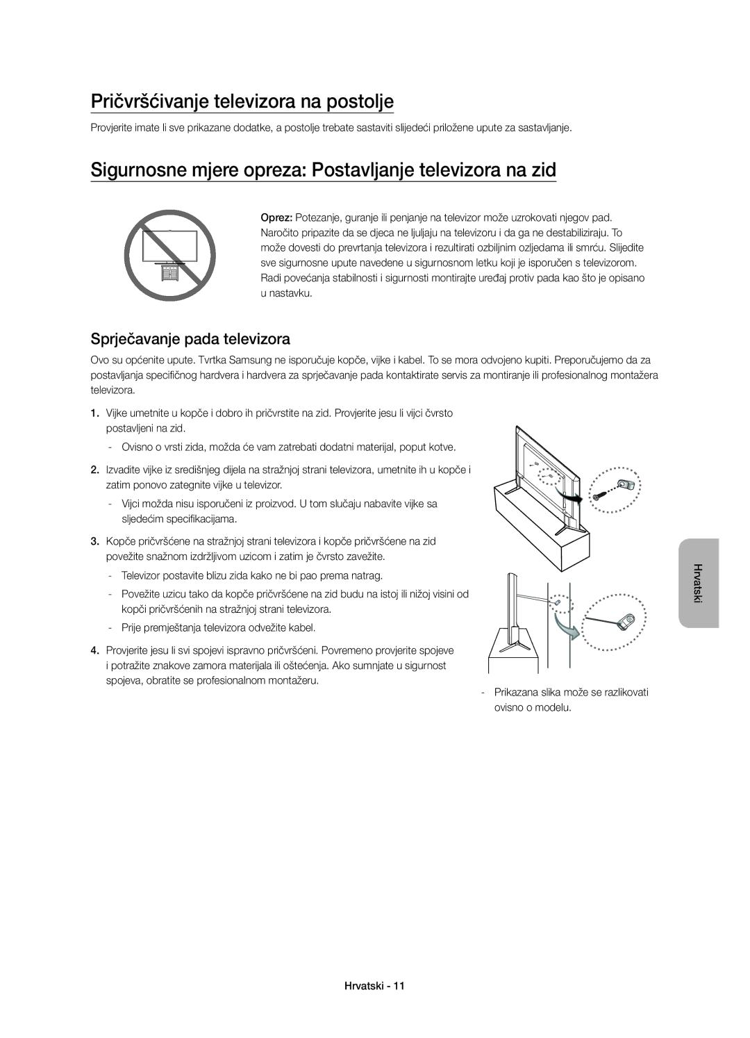 Samsung UE55JU6072UXXH manual Pričvršćivanje televizora na postolje, Sigurnosne mjere opreza Postavljanje televizora na zid 