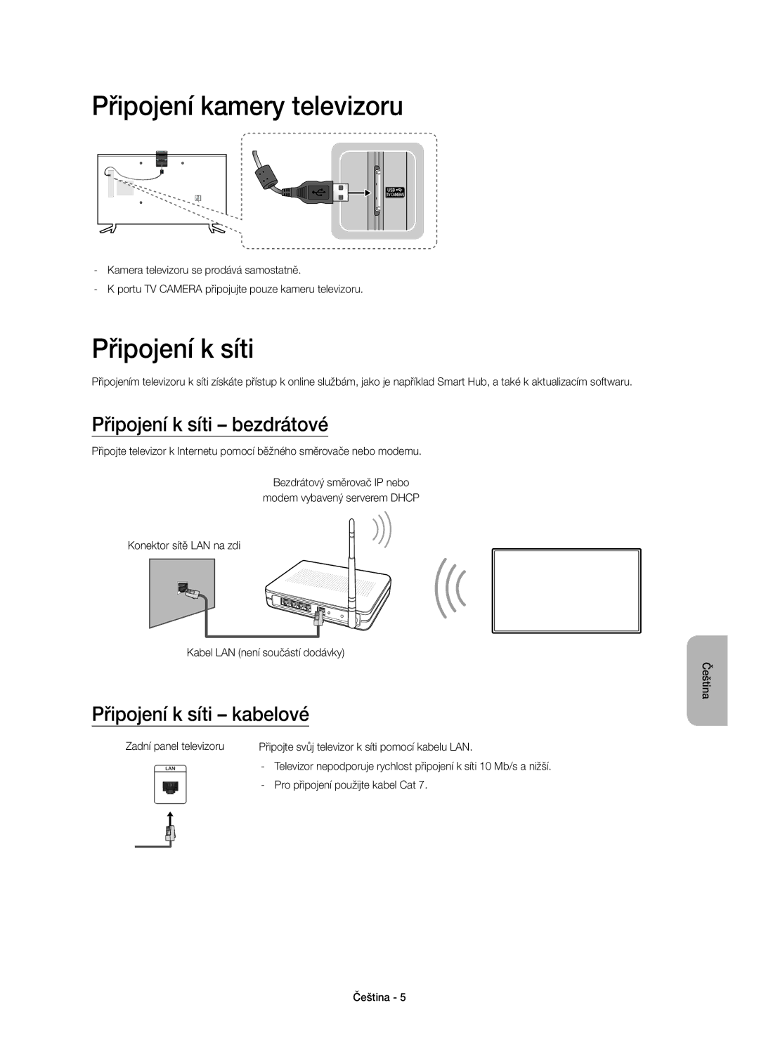 Samsung UE40JU6000WXXN manual Připojení kamery televizoru, Připojení k síti bezdrátové, Připojení k síti kabelové 