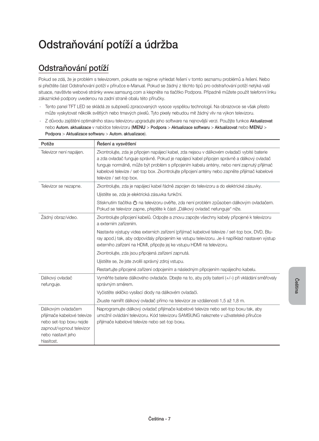 Samsung UE55JU6000WXXH, UE40JU6000WXXH, UE48JU6000WXXH, UE65JU6000WXXH, UE48JU6000WXXN manual Odstraňování potíží a údržba 