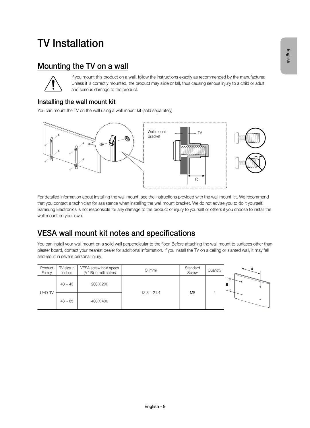 Samsung UE55JU6000WXXN manual TV Installation, Mounting the TV on a wall, Vesa wall mount kit notes and specifications 