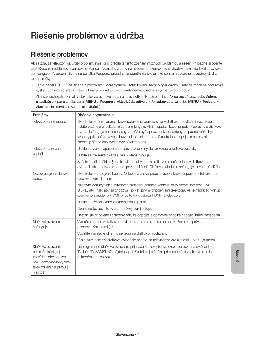 Samsung UE40JU6000WXXH, UE55JU6000WXXH, UE48JU6000WXXH, UE65JU6000WXXH, UE48JU6000WXXN manual Riešenie problémov a údržba 