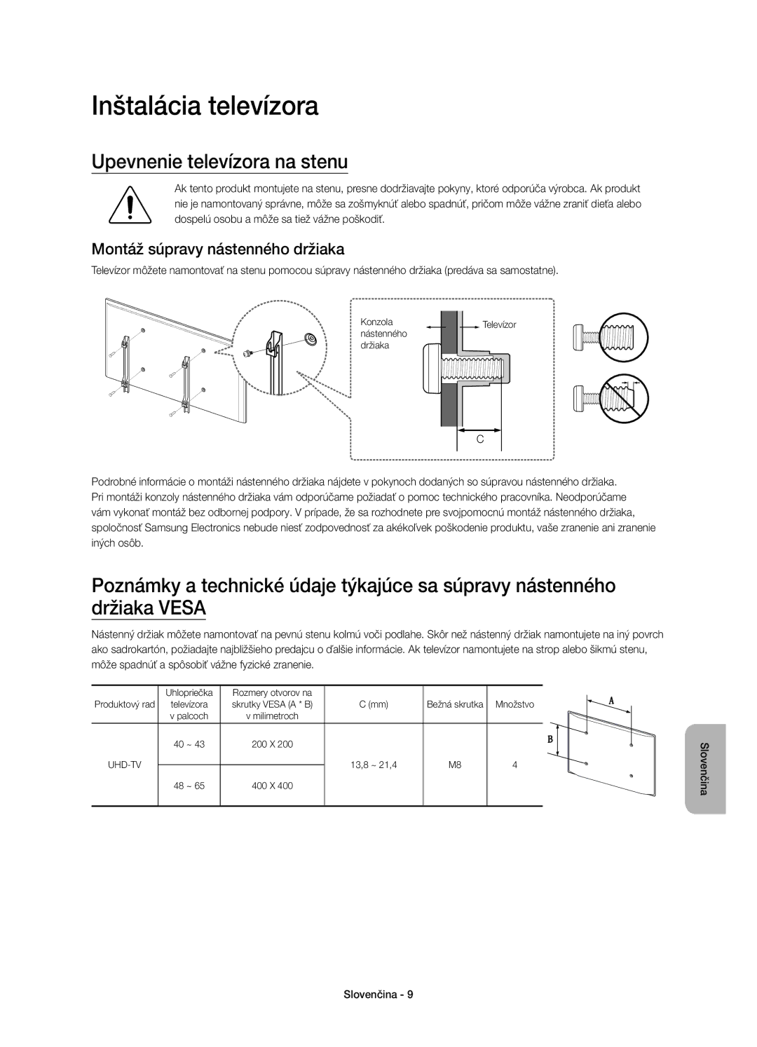 Samsung UE48JU6000WXXH manual Inštalácia televízora, Upevnenie televízora na stenu, Montáž súpravy nástenného držiaka 