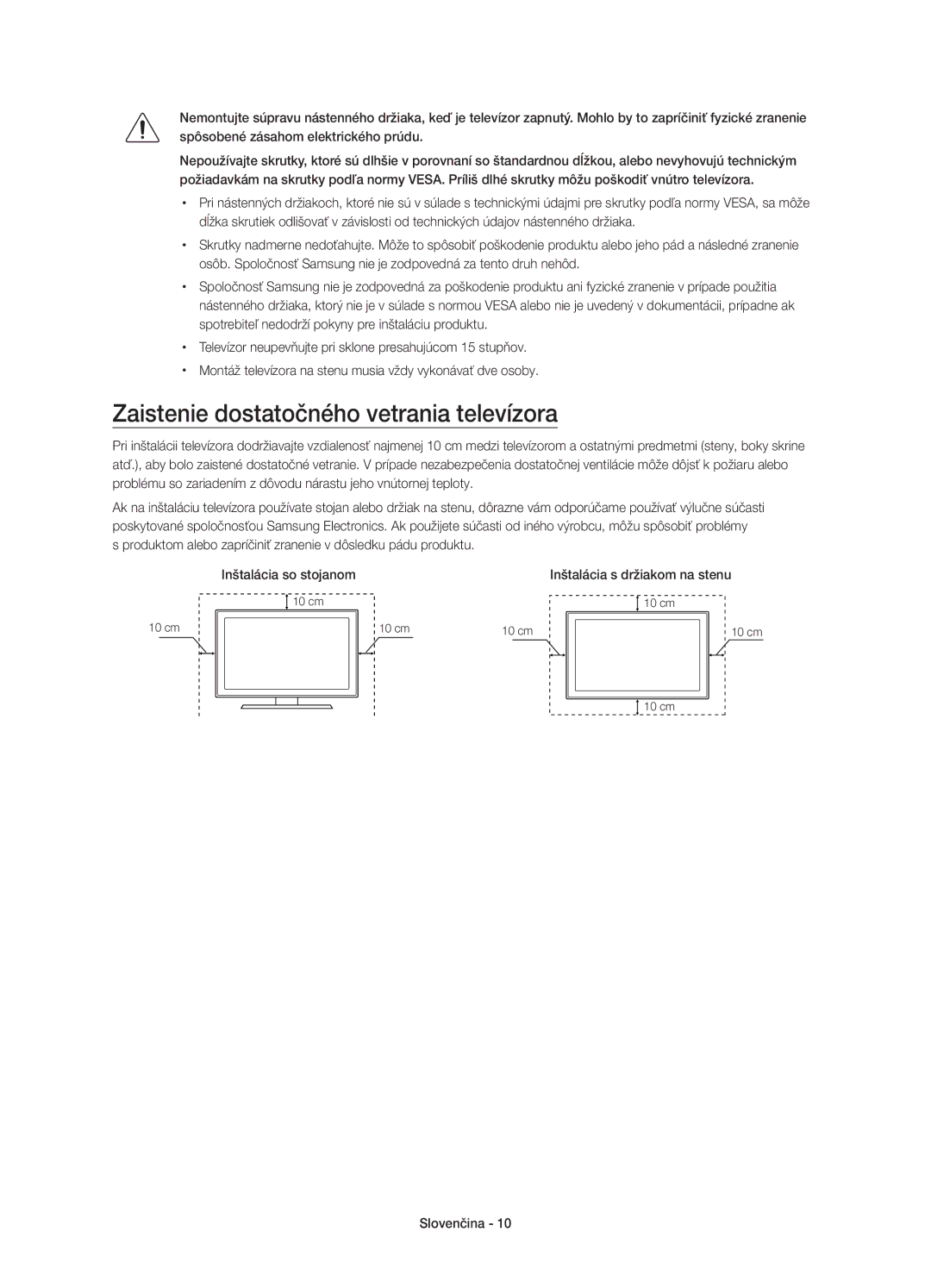 Samsung UE65JU6000WXXH, UE40JU6000WXXH manual Zaistenie dostatočného vetrania televízora, Inštalácia s držiakom na stenu 