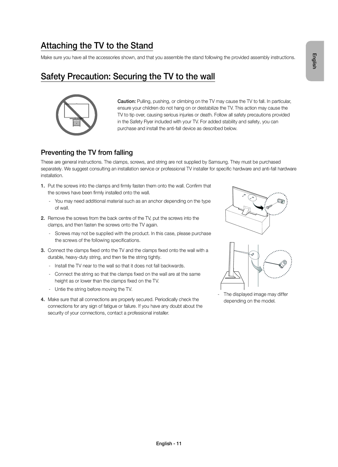 Samsung UE40JU6410UXZT, UE40JU6410UXXC manual Attaching the TV to the Stand, Safety Precaution Securing the TV to the wall 