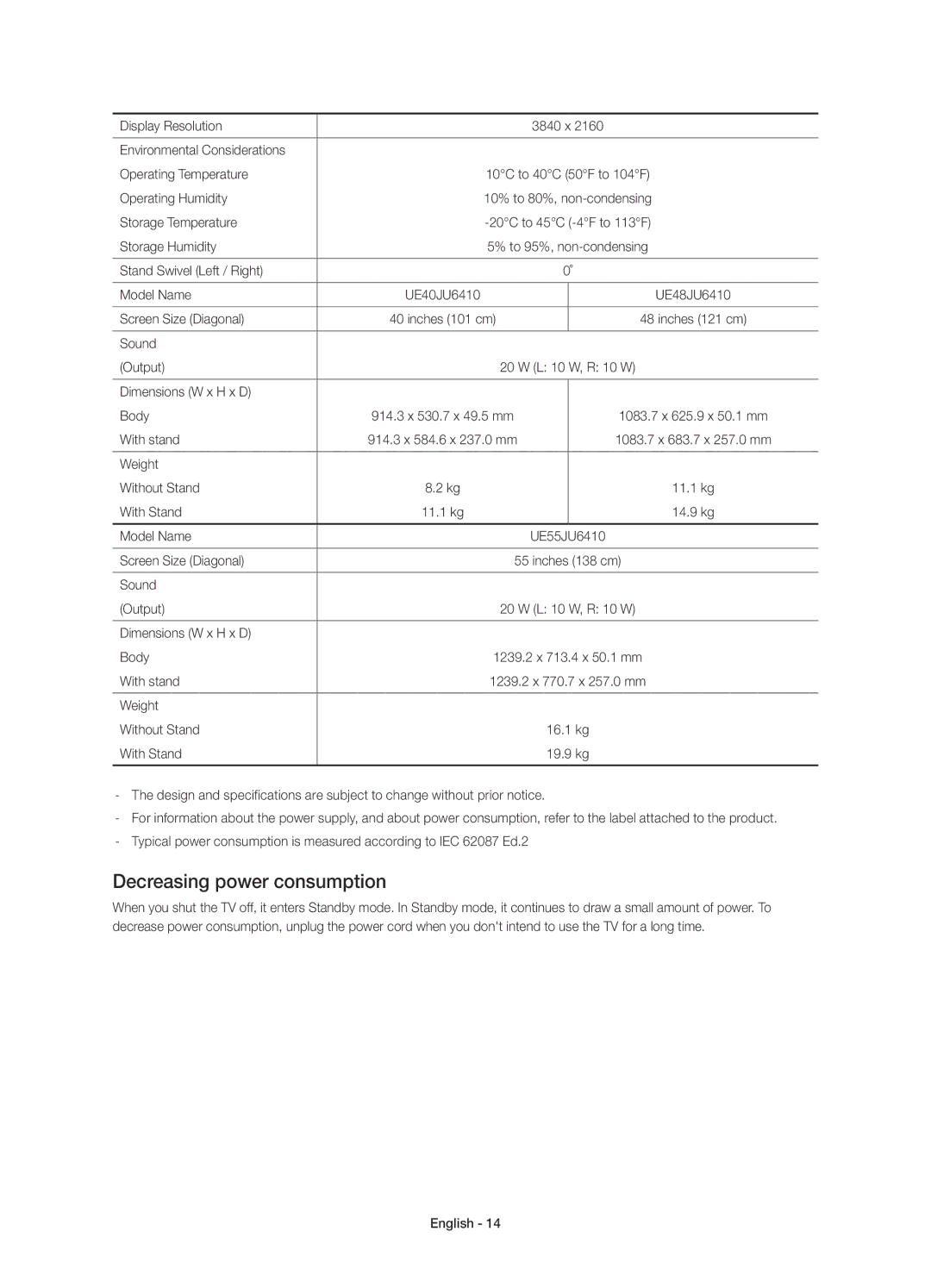 Samsung UE48JU6400KXZT, UE40JU6410UXXC, UE40JU6410UXTK, UE48JU6410UXTK, UE48JU6400KXXC manual Decreasing power consumption 