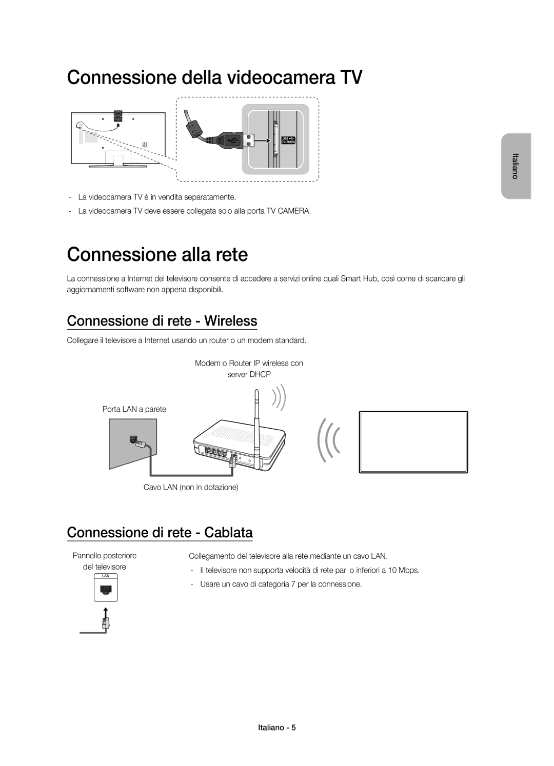 Samsung UE40JU6400KXXC manual Connessione della videocamera TV, Connessione alla rete, Connessione di rete Wireless 