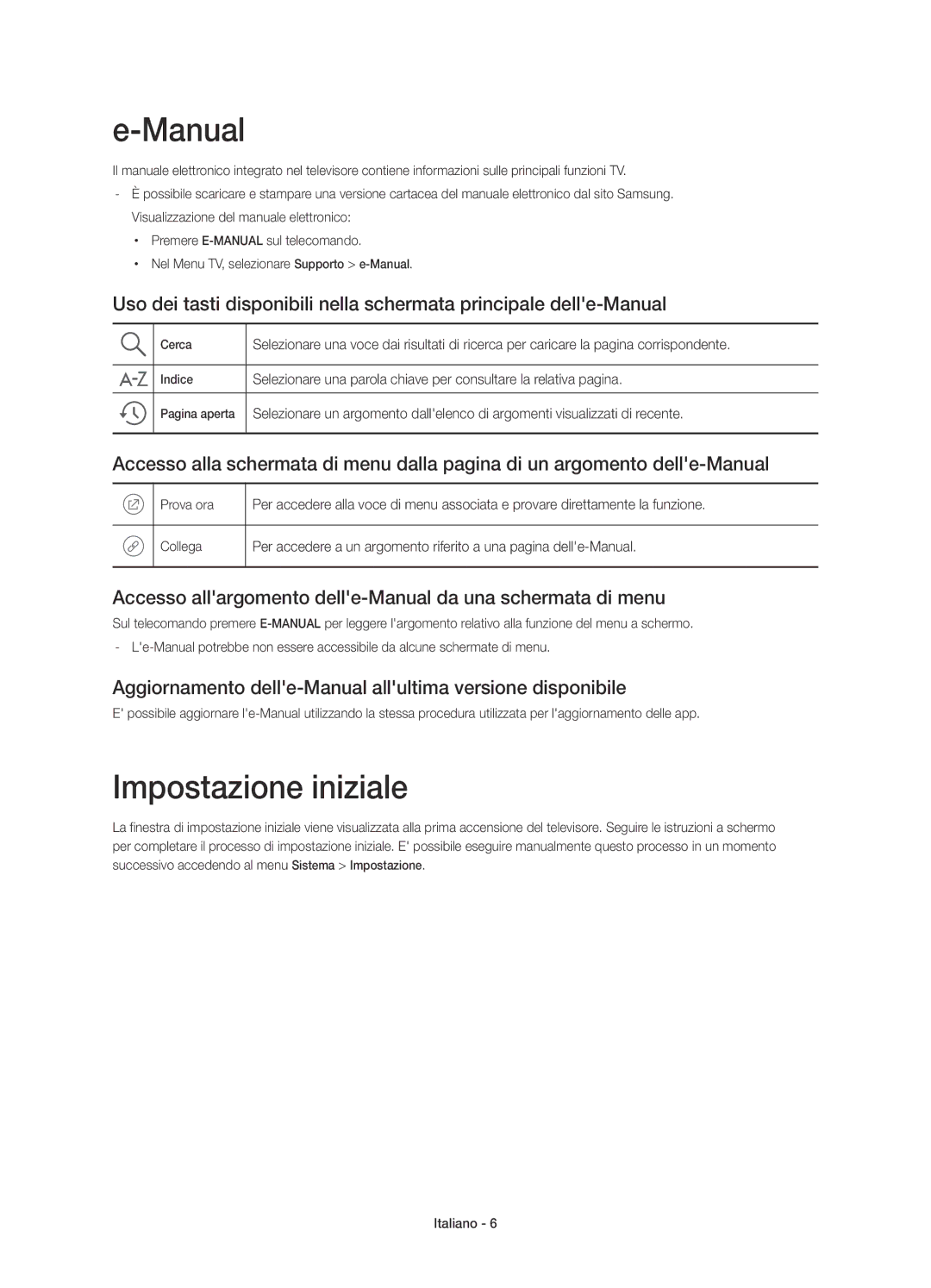 Samsung UE48JU6410UXXC manual Impostazione iniziale, Accesso allargomento delle-Manual da una schermata di menu 