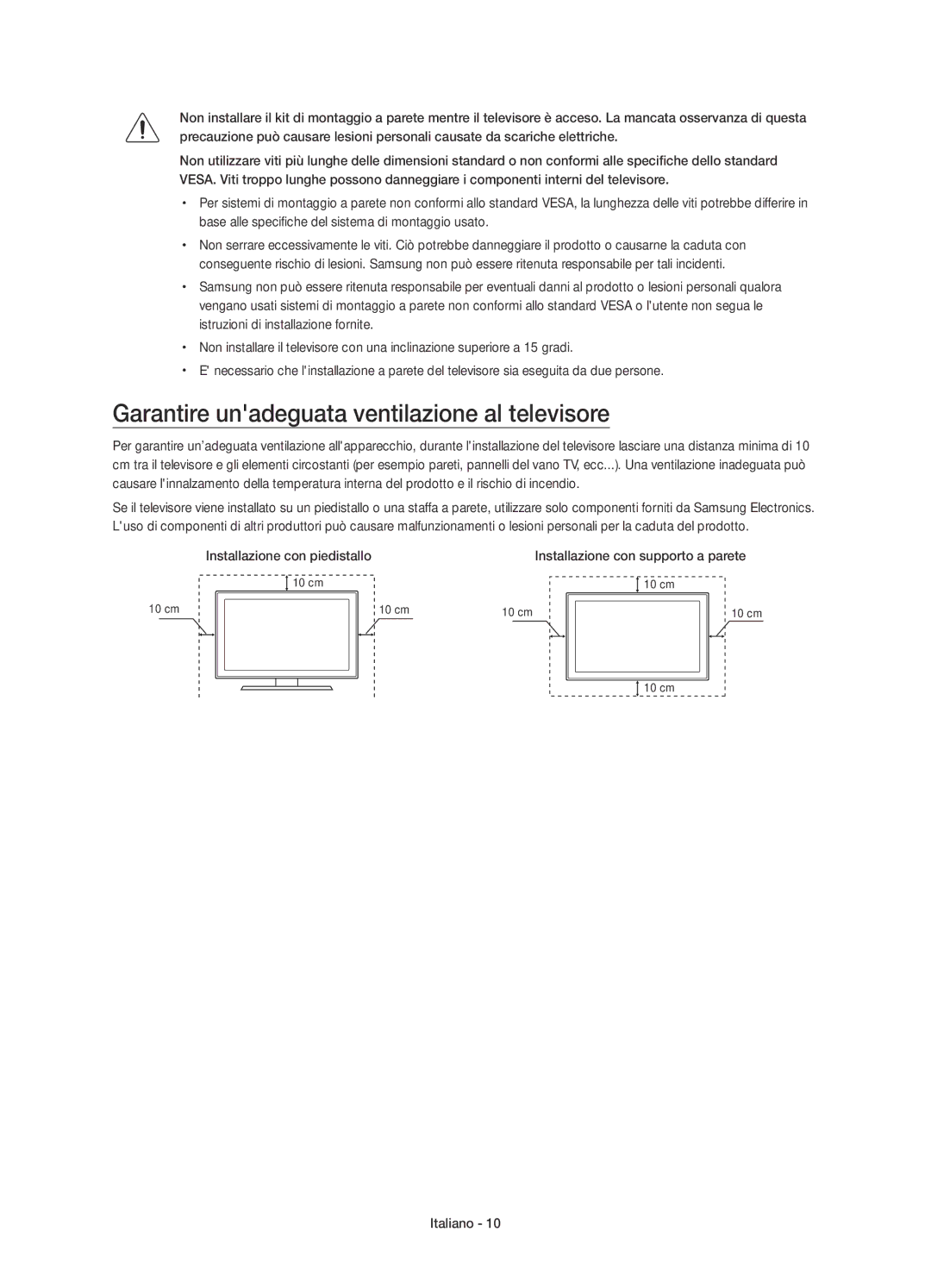 Samsung UE48JU6400KXXN, UE40JU6410UXXC manual Garantire unadeguata ventilazione al televisore, Installazione con piedistallo 