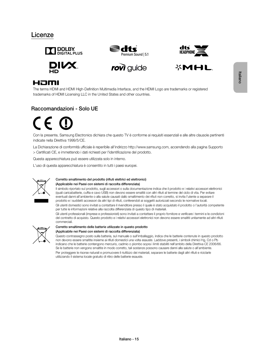 Samsung UE40JU6400KXXU, UE40JU6410UXXC, UE40JU6410UXTK, UE48JU6410UXTK, UE48JU6400KXXC manual Licenze, Raccomandazioni Solo UE 