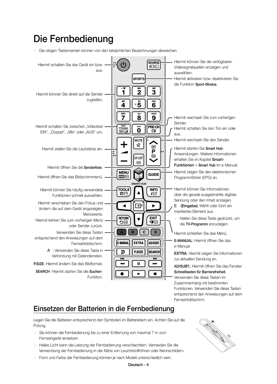 Samsung UE40JU6410UXTK Einsetzen der Batterien in die Fernbedienung, Hiermit stellen Sie die Lautstärke ein, Menüwerte 