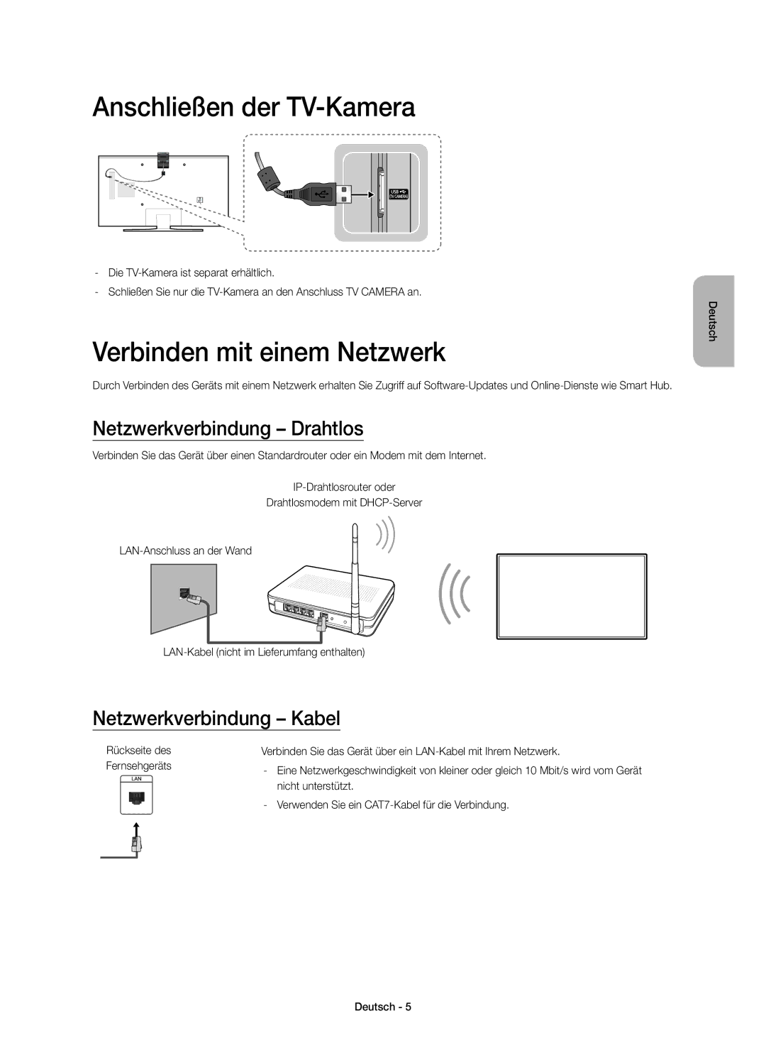 Samsung UE48JU6410UXTK manual Anschließen der TV-Kamera, Verbinden mit einem Netzwerk, Netzwerkverbindung Drahtlos 