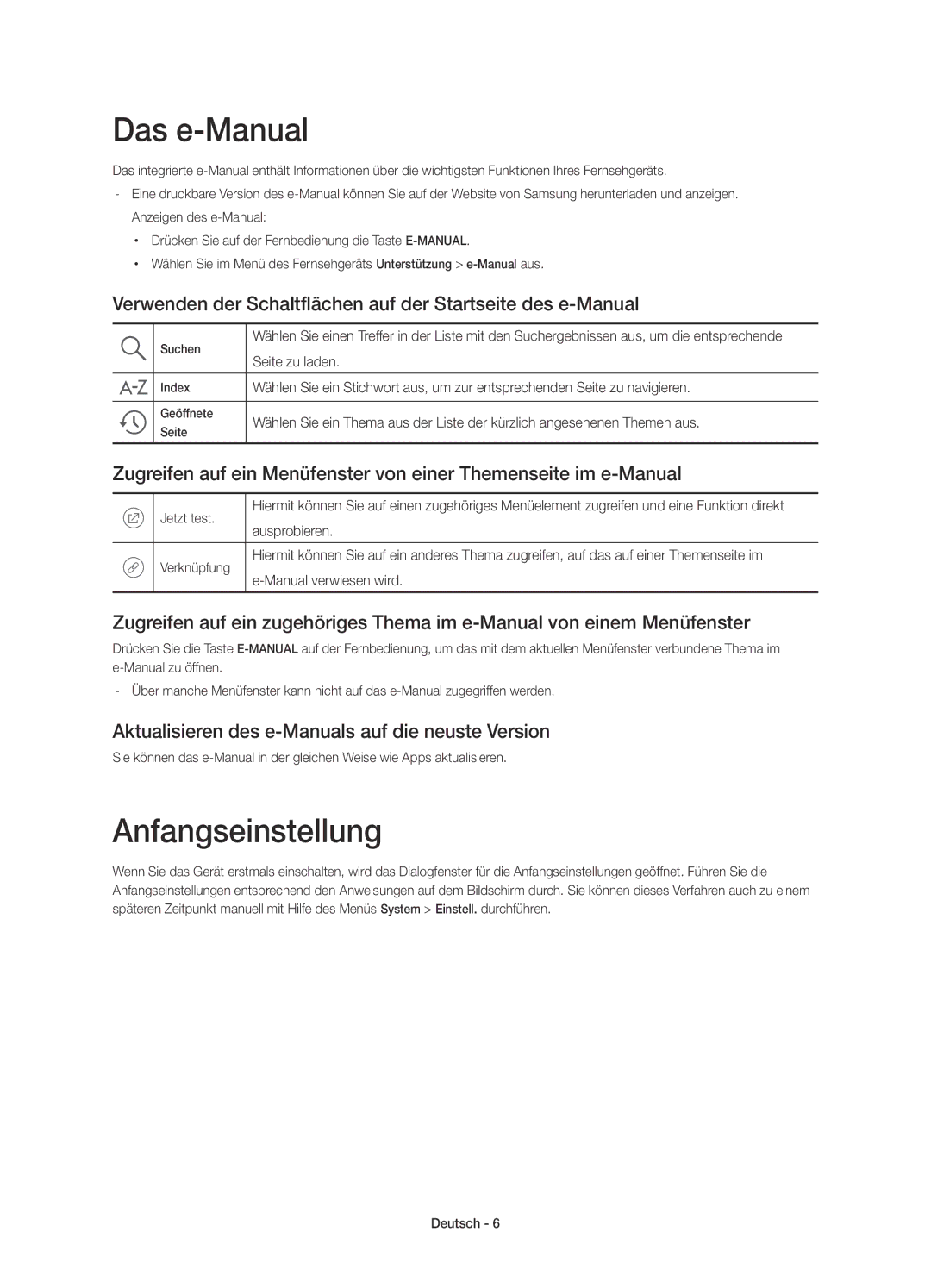 Samsung UE48JU6400KXXC manual Das e-Manual, Anfangseinstellung, Verwenden der Schaltflächen auf der Startseite des e-Manual 