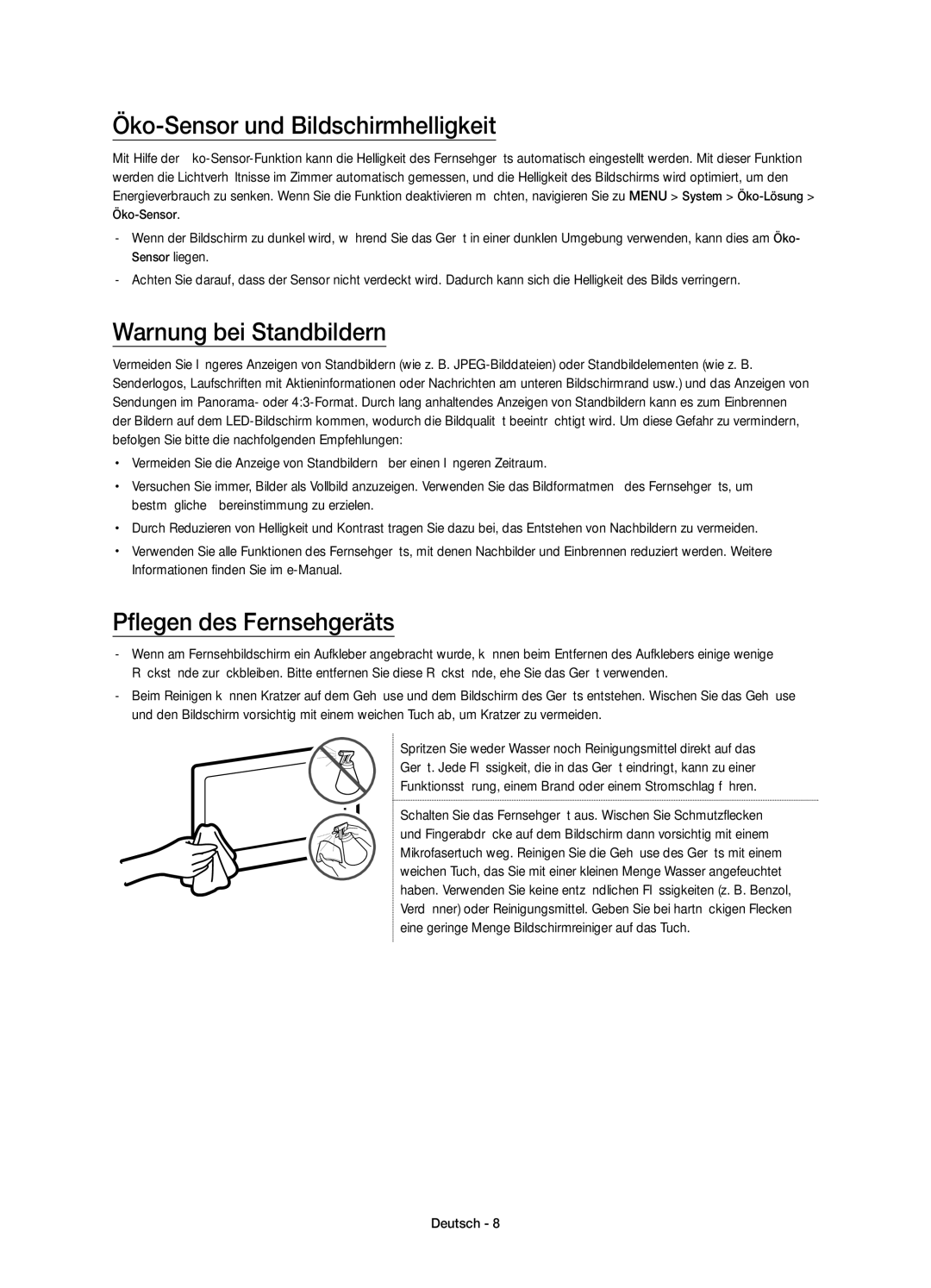 Samsung UE55JU6410UXZF manual Öko-Sensor und Bildschirmhelligkeit, Warnung bei Standbildern, Pflegen des Fernsehgeräts 