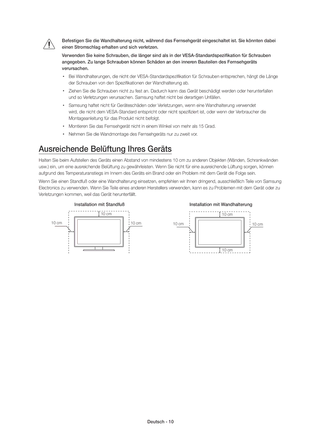 Samsung UE40JU6400KXZF, UE40JU6410UXXC, UE40JU6410UXTK Ausreichende Belüftung Ihres Geräts, Installation mit Wandhalterung 