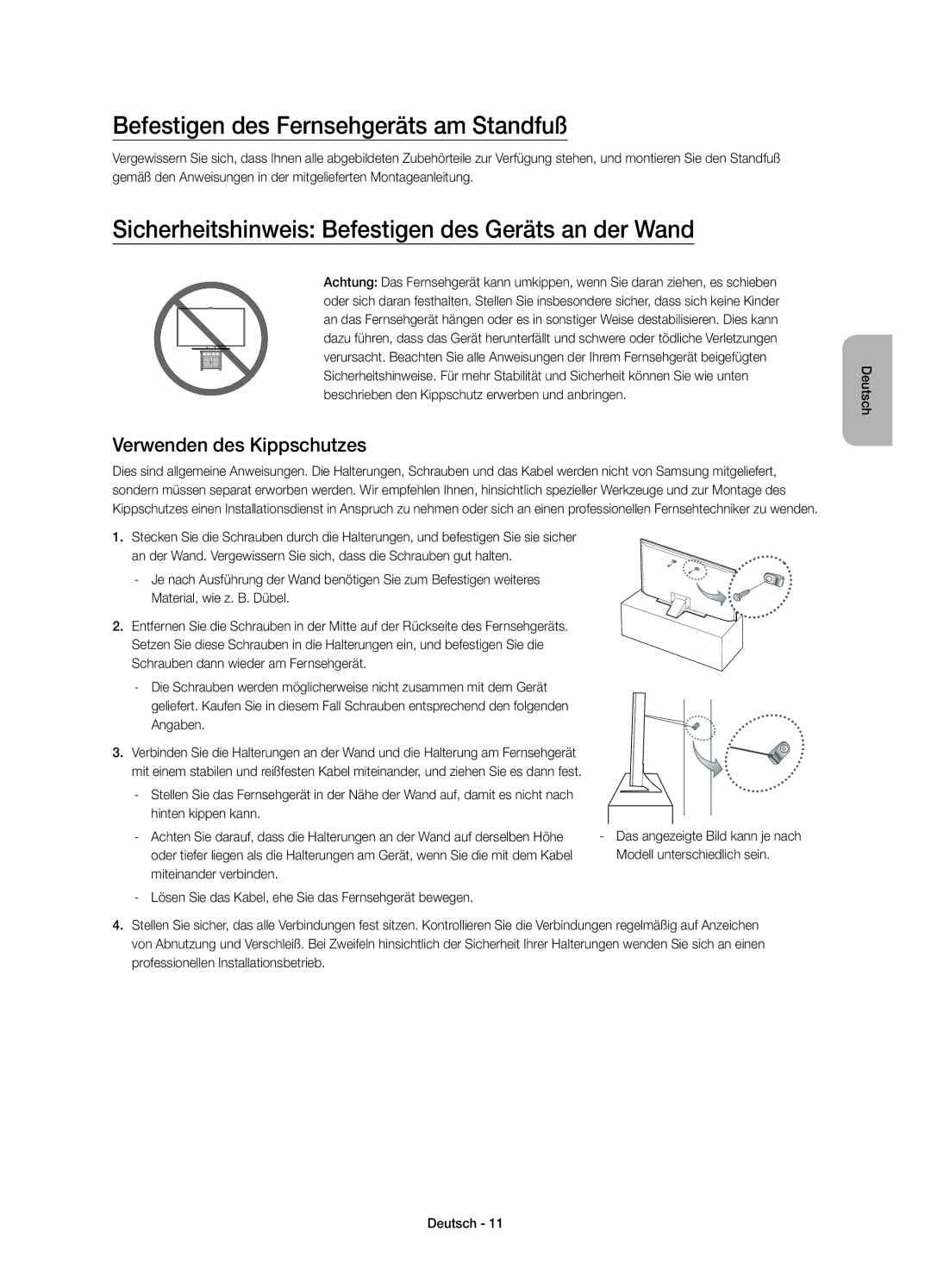 Samsung UE55JU6400KXZF Befestigen des Fernsehgeräts am Standfuß, Sicherheitshinweis Befestigen des Geräts an der Wand 