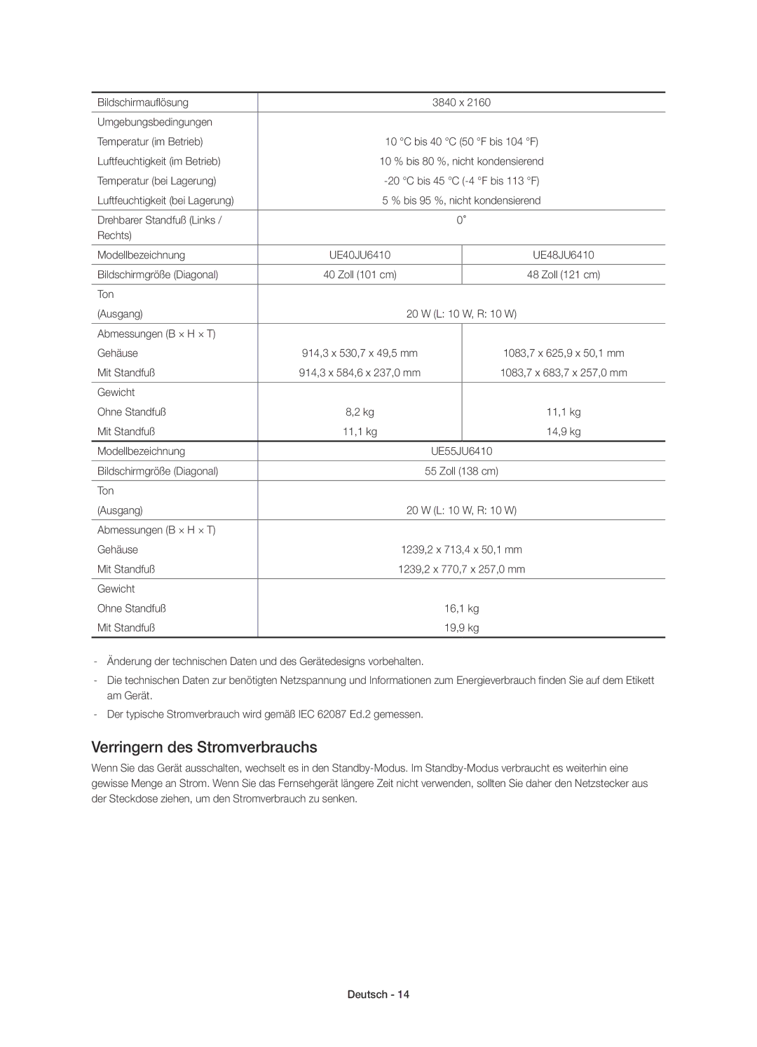 Samsung UE40JU6410UXZT, UE40JU6410UXXC, UE40JU6410UXTK, UE48JU6410UXTK, UE48JU6400KXXC manual Verringern des Stromverbrauchs 