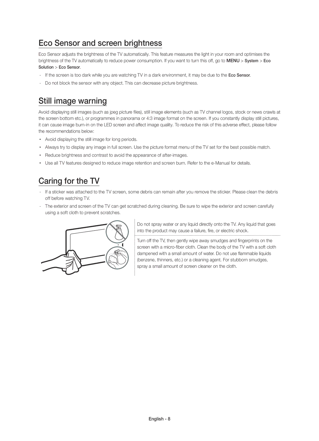 Samsung UE55JU6400KXZF, UE40JU6410UXXC manual Eco Sensor and screen brightness, Still image warning, Caring for the TV 