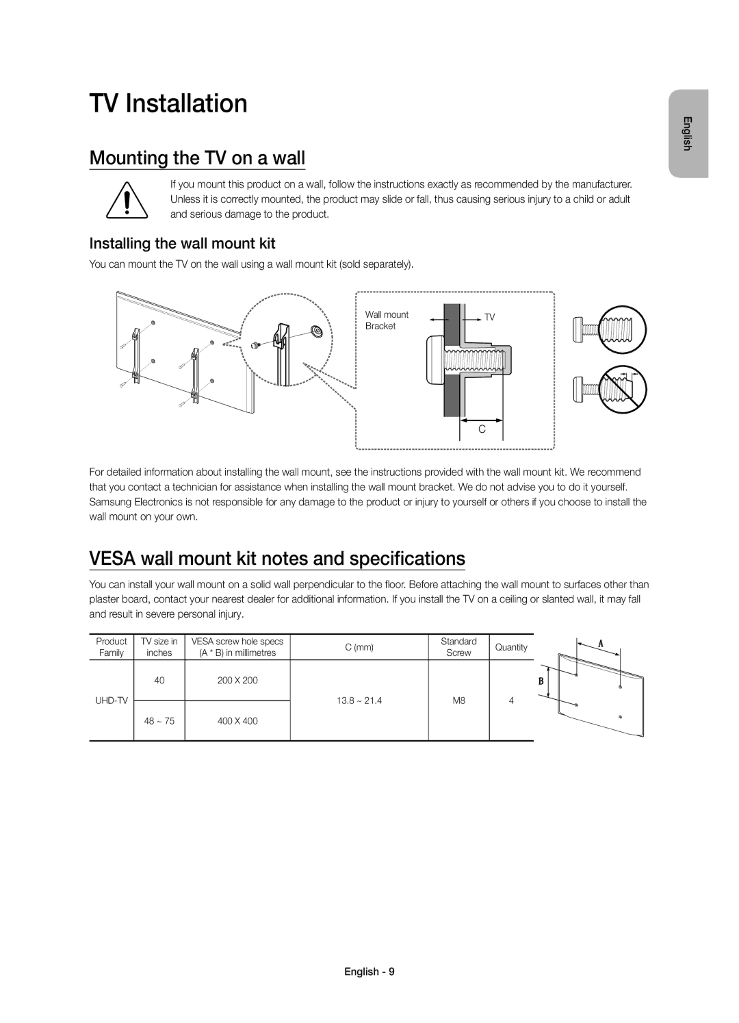 Samsung UE40JU6410UXZF manual TV Installation, Mounting the TV on a wall, Vesa wall mount kit notes and specifications 