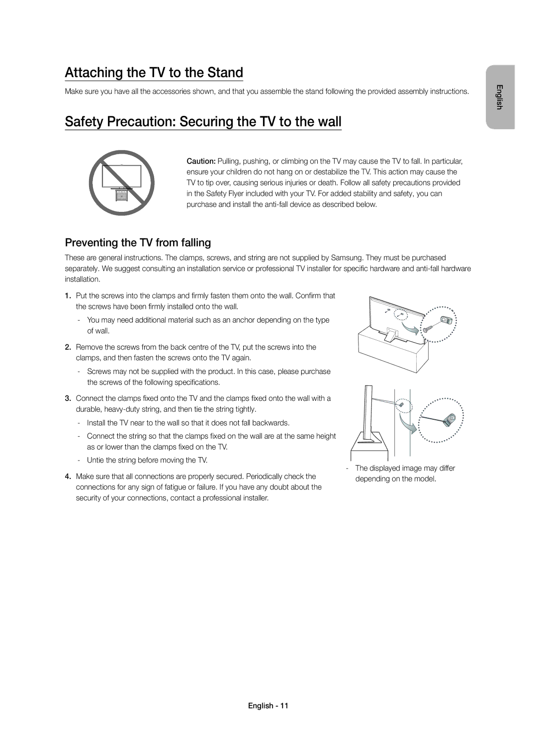 Samsung UE48JU6400KXZF, UE40JU6410UXXC manual Attaching the TV to the Stand, Safety Precaution Securing the TV to the wall 