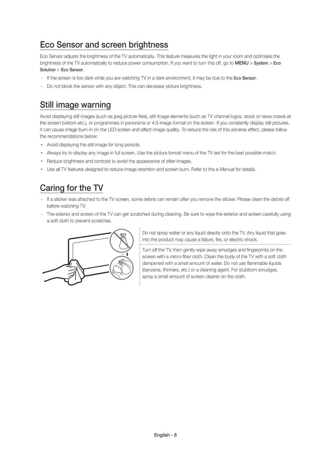 Samsung UE40JU6400KXZF, UE40JU6410UXXC manual Eco Sensor and screen brightness, Still image warning, Caring for the TV 