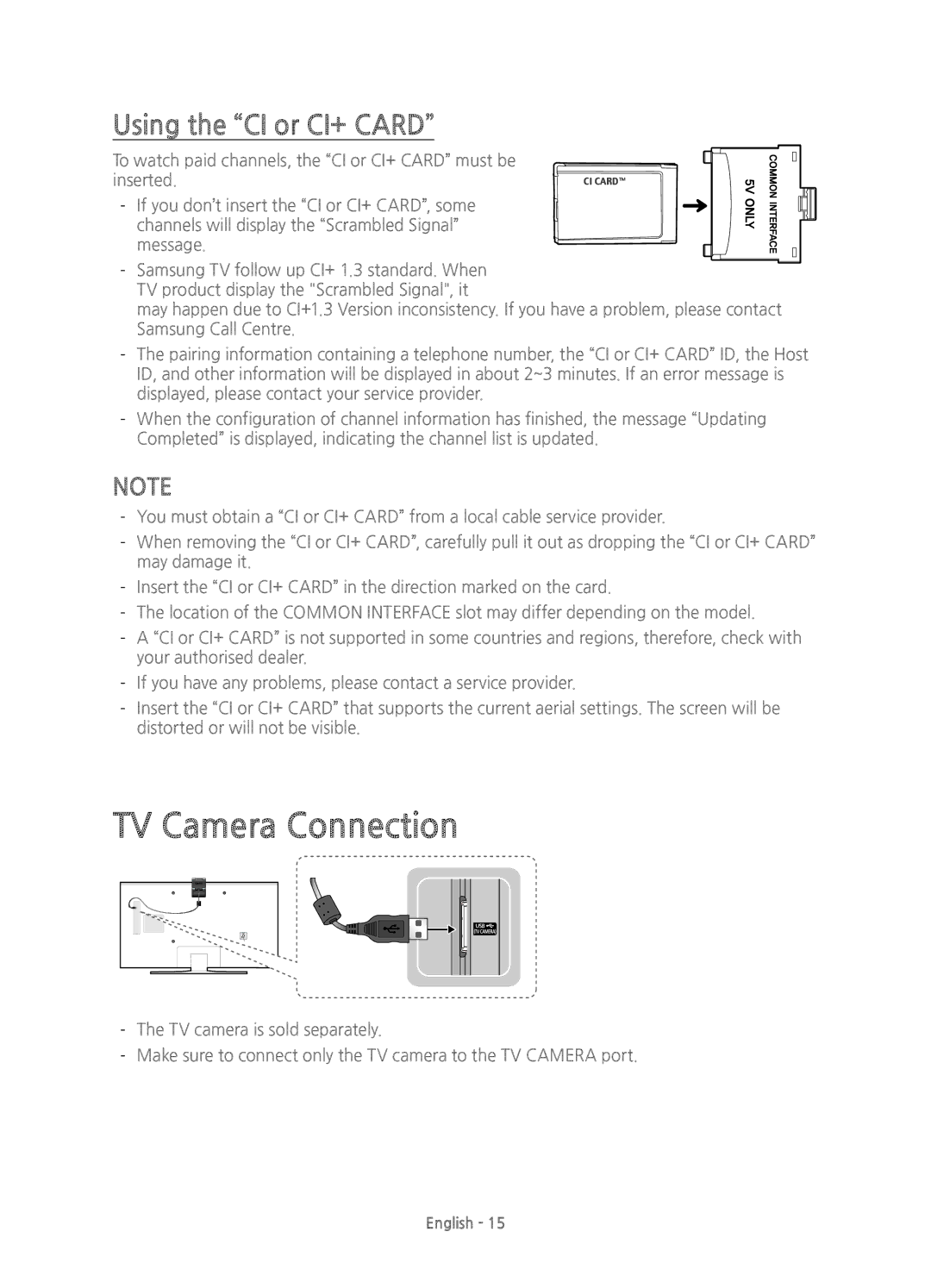 Samsung UE48JU6410UXZT, UE40JU6410UXXC, UE48JU6400KXXC, UE55JU6400KXZT manual TV Camera Connection, Using the CI or CI+ Card 