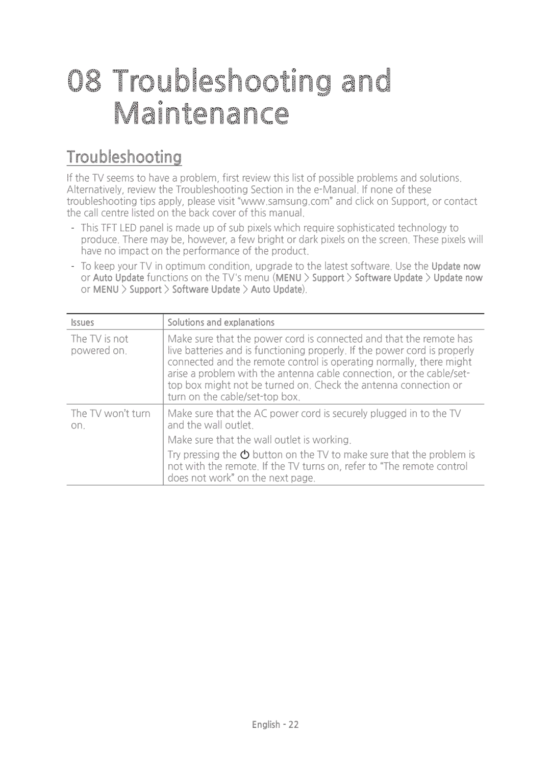 Samsung UE65JU6400KXXC, UE40JU6410UXXC, UE48JU6400KXXC, UE55JU6400KXZT, UE60JU6400KXZF manual Troubleshooting and Maintenance 