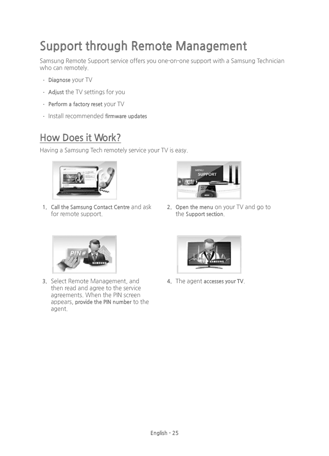 Samsung UE75JU6400KXXC, UE40JU6410UXXC, UE48JU6400KXXC, UE55JU6400KXZT Support through Remote Management, How Does it Work? 