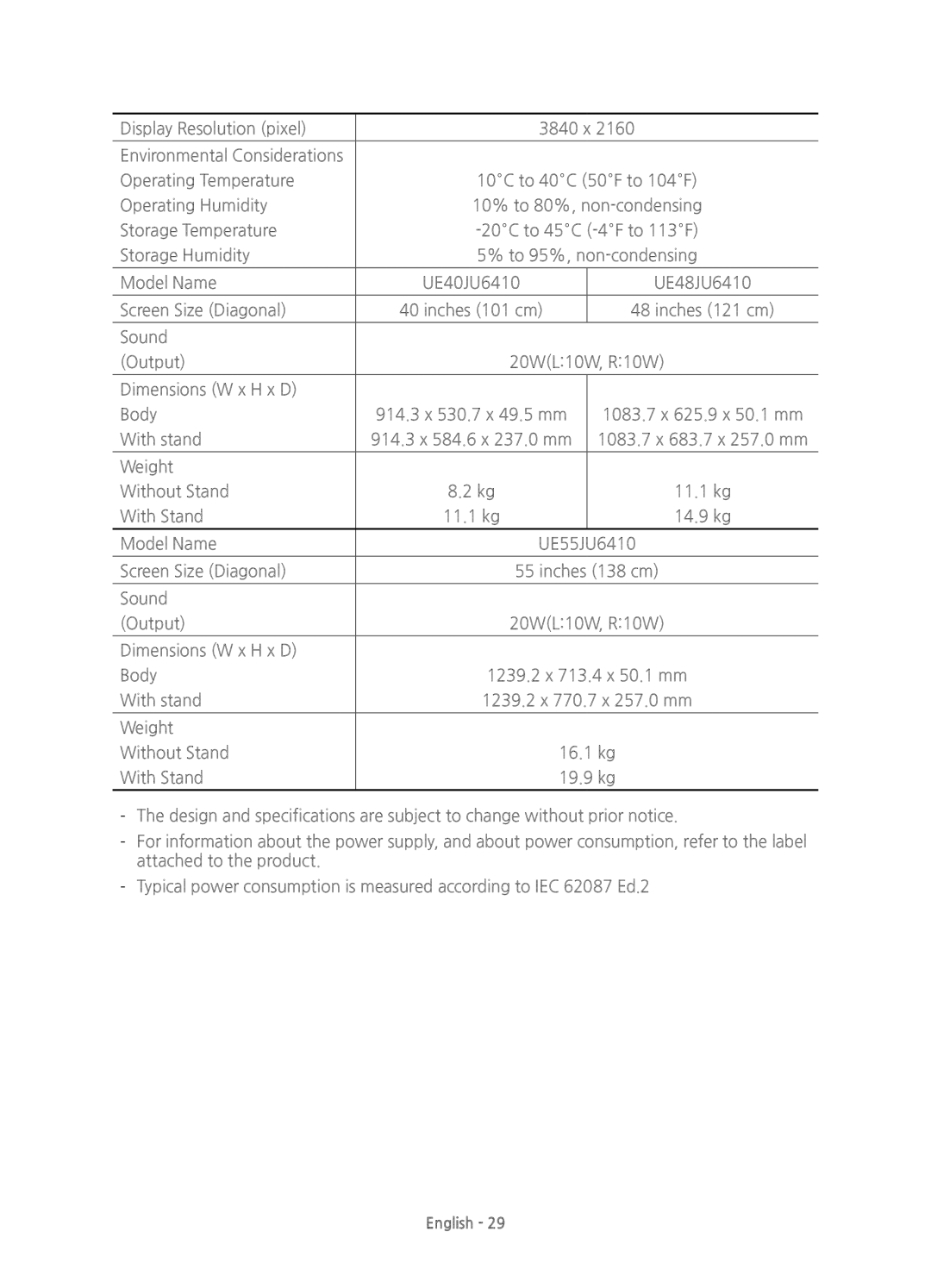 Samsung UE65JU6400KXXU, UE40JU6410UXXC, UE48JU6400KXXC, UE55JU6400KXZT, UE60JU6400KXZF, UE65JU6400KXZF, UE55JU6410UXZF English 