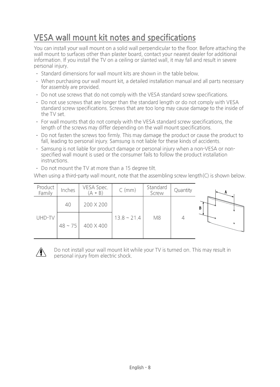 Samsung UE55JU6400KXZF, UE40JU6410UXXC, UE48JU6400KXXC, UE55JU6400KXZT Vesa wall mount kit notes and specifications, Uhd-Tv 