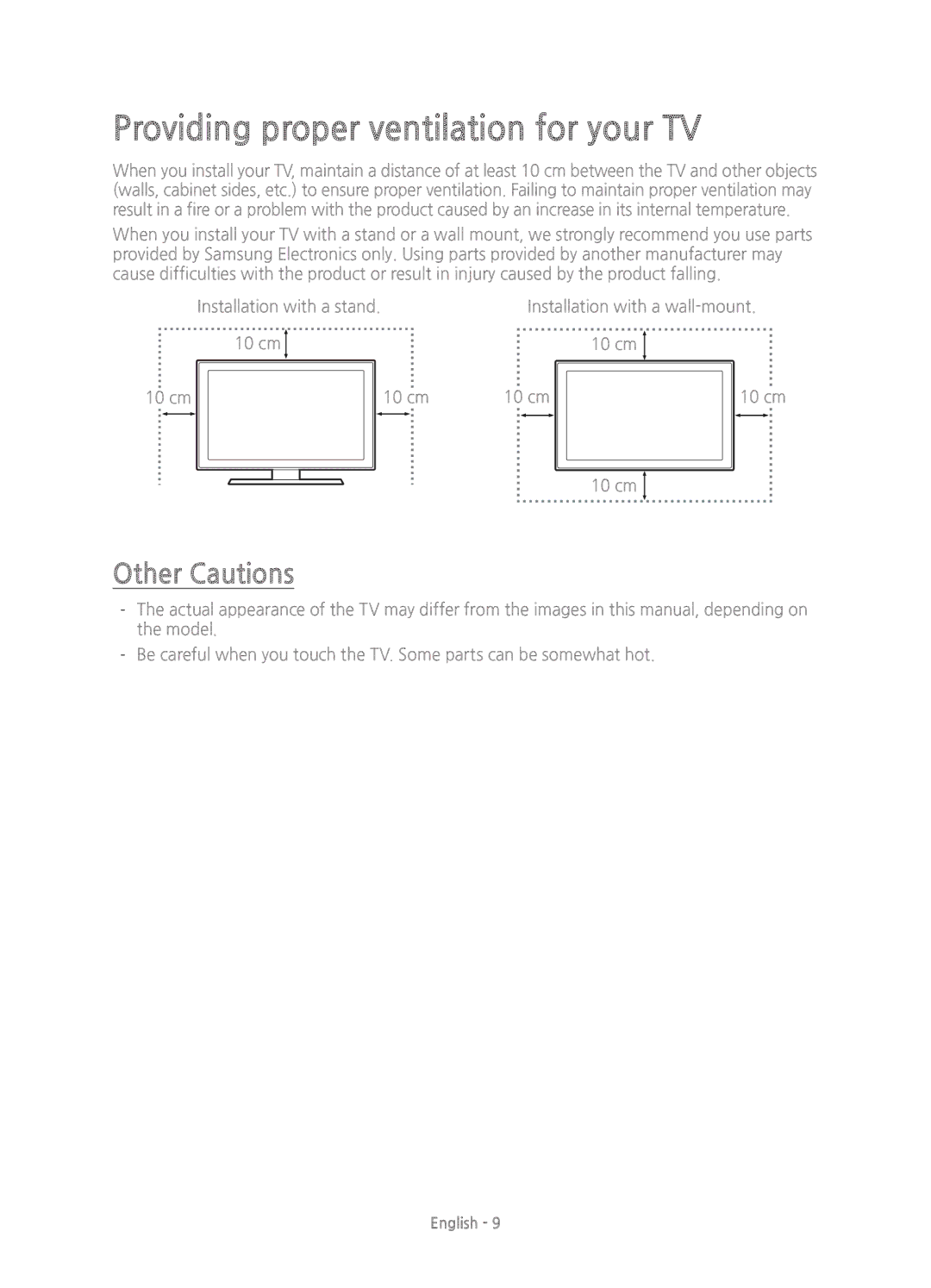 Samsung UE40JU6410UXZF, UE40JU6410UXXC, UE48JU6400KXXC manual Providing proper ventilation for your TV, Other Cautions 