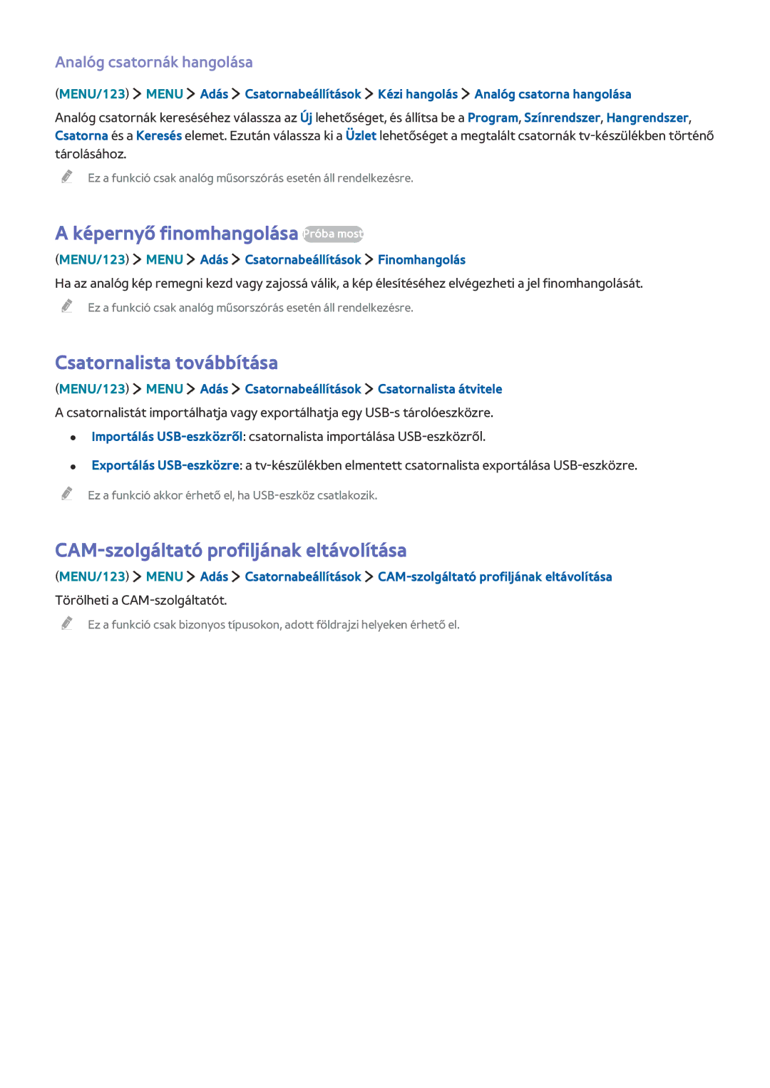 Samsung UE55JU6872UXXH manual Képernyő finomhangolása Próba most, Csatornalista továbbítása, Analóg csatornák hangolása 