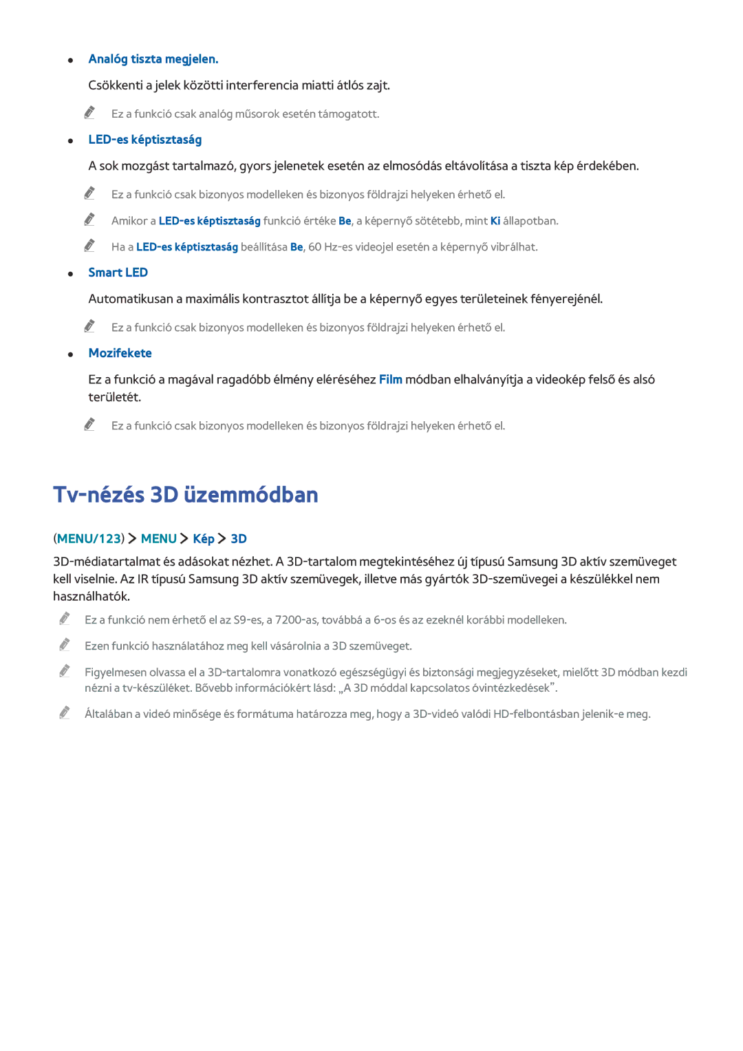 Samsung UE60JU6872UXXH manual Tv-nézés 3D üzemmódban, Analóg tiszta megjelen, LED-es képtisztaság, Smart LED, Mozifekete 