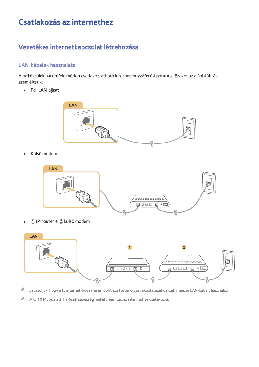 Samsung UE65JU6560UXZG manual Csatlakozás az internethez, Vezetékes internetkapcsolat létrehozása, LAN-kábelek használata 