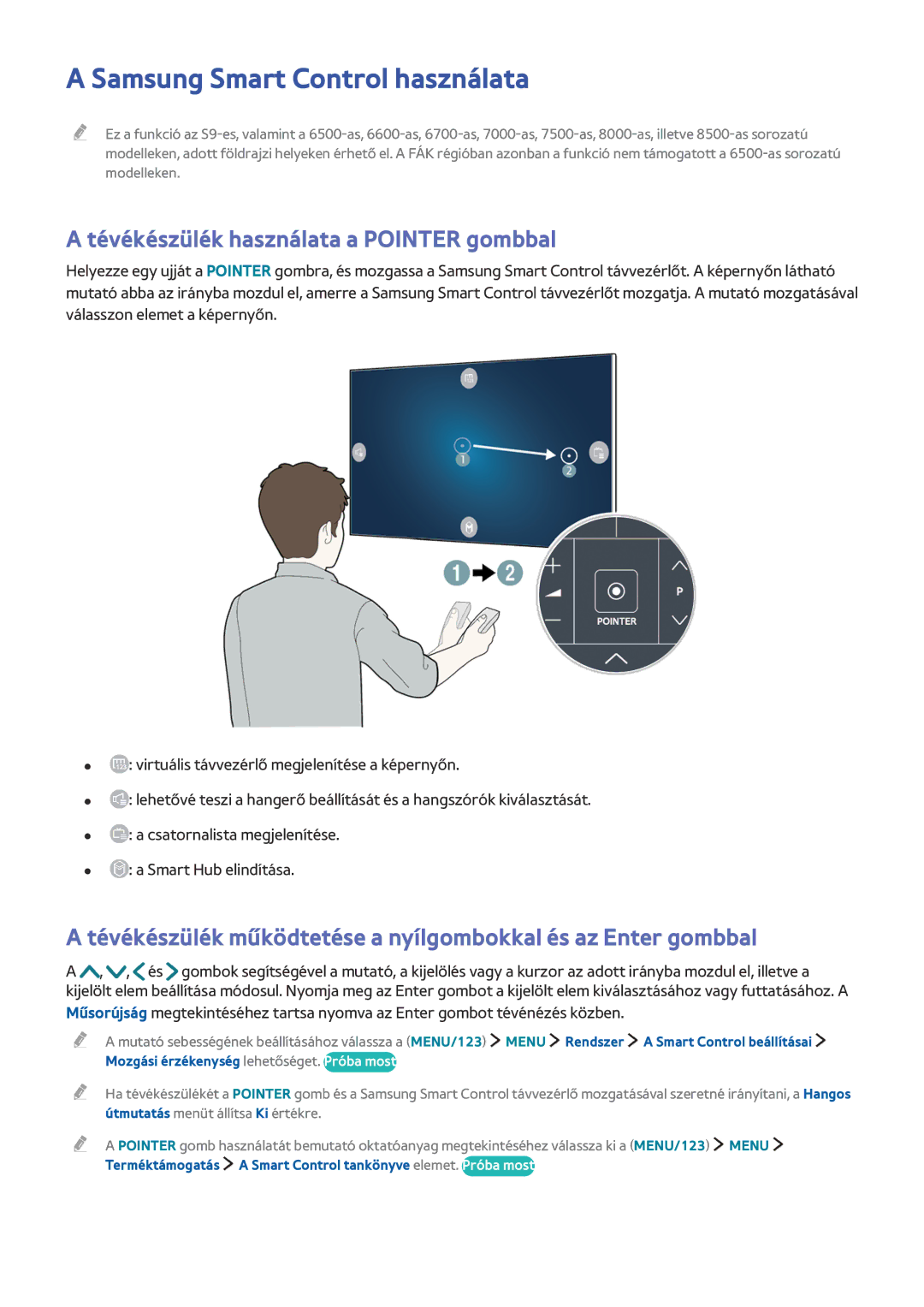 Samsung UE55JU7590TXZG, UE40JU6495UXZG, UE48JU6495UXZG manual Tévékészülék működtetése a nyílgombokkal és az Enter gombbal 