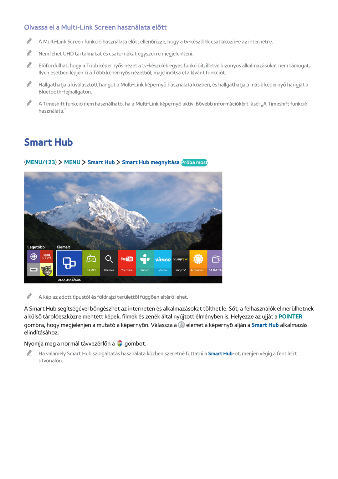 Samsung UE40JU7000LXXH, UE40JU6495UXZG, UE48JU6495UXZG manual Smart Hub, Olvassa el a Multi-Link Screen használata előtt 