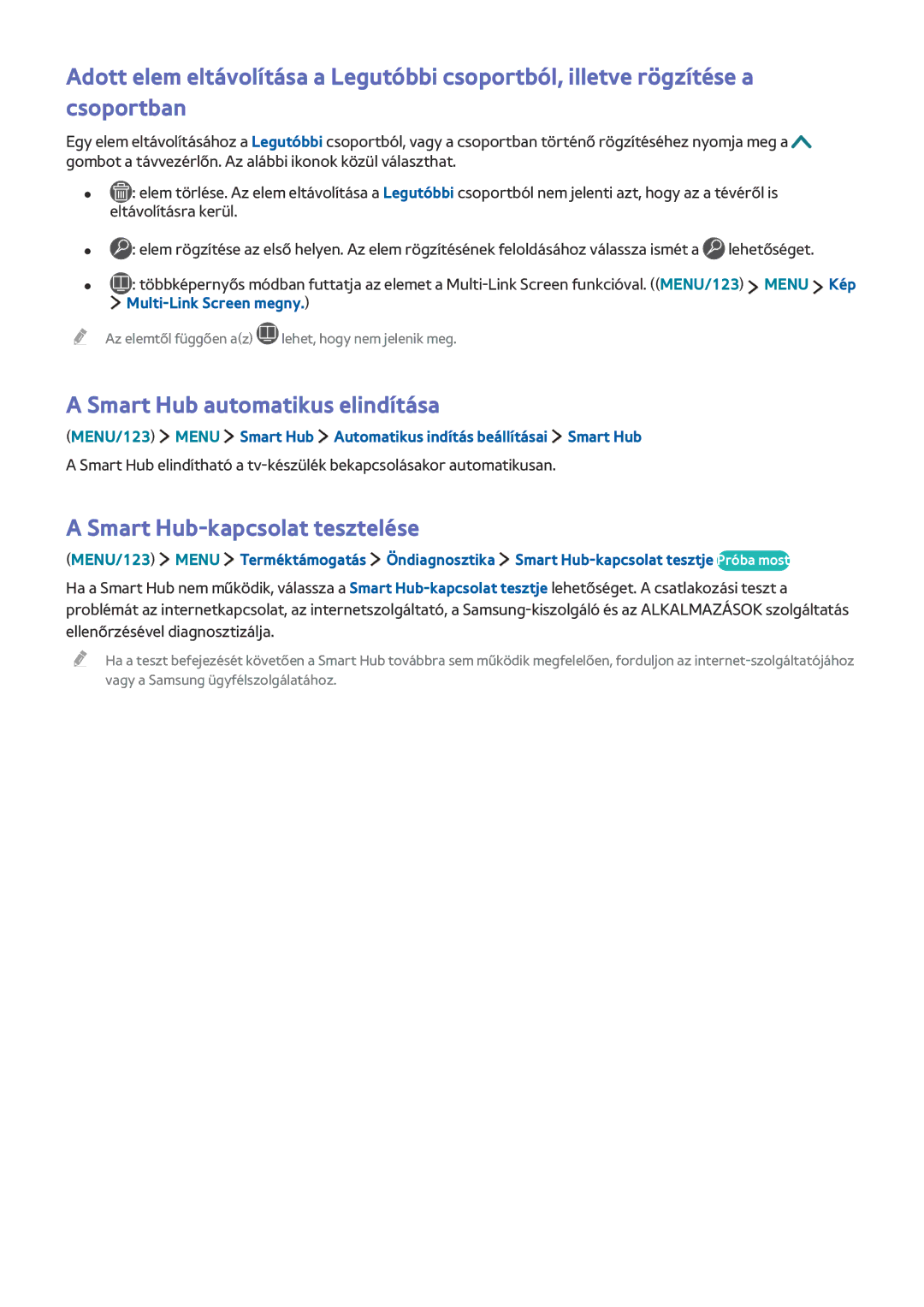Samsung UE55JS8000LXXH manual Smart Hub automatikus elindítása, Smart Hub-kapcsolat tesztelése, Multi-Link Screen megny 