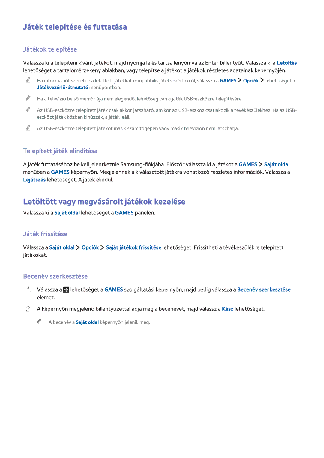 Samsung UE55JU6470UXZG, UE40JU6495UXZG manual Játék telepítése és futtatása, Letöltött vagy megvásárolt játékok kezelése 